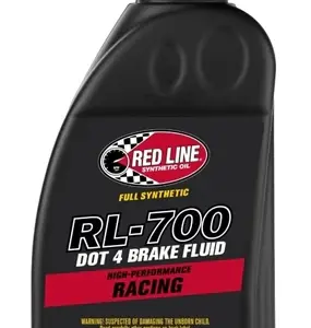 A black 500ml bottle of RL700 Brake Fluid Redline Oil with a red cap and bold labels, promoted as high-performance racing brake fluid.