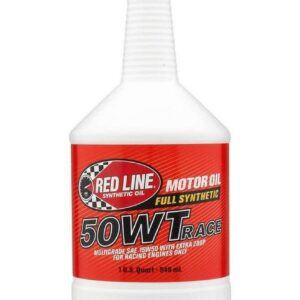 A white 1-litre bottle of Redline 50WT Race Oil Litre for racing engines, featuring a red and black label and a long, ribbed neck.