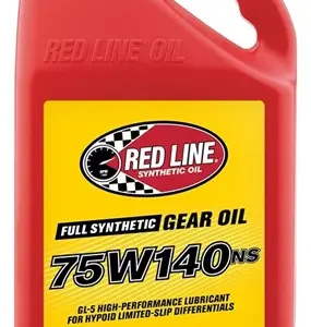 A red 1-gallon container labelled "Import placeholder for 1914" features a yellow label and is designed for hypoid limited-slip differentials with Red Line Fully Synthetic Gear Oil, 75W140 NS.