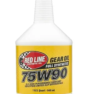 A white plastic bottle of Import placeholder for 1909 gear oil with a yellow label showing "75W90" in large text and "1 U.S. Quart - 946 ml" at the bottom.