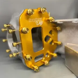 Close-up of Import placeholder for 1777, a metallic automotive differential part featuring a gold-coloured plate with multiple gold bolts and an engraved "Gearhead Diffs" logo, resting on a grey surface.