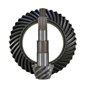 The Nissan H233B Front Axle 4.88 Ratio Revolution Gear is a metal ring and pinion set with helical teeth, the pinion mounted vertically through the ring gear, commonly used in automotive differentials.