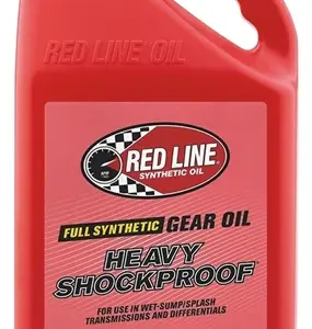 A 1-gallon red container of Redline Oil Heavyweight Shockproof Gear Oil, designed for wet-sump/splash gearboxes and differentials.