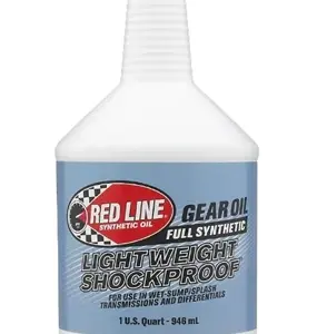 A 1-gallon bottle of Redline Oil Lightweight Shockproof Gear Oil for gearboxes and differentials, featuring a blue label with red and black branding.
