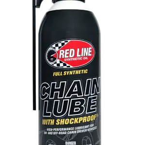 A 369g (13 oz) black aerosol tin of Chain Lube with Shockproof Redline Oil, featuring a spray nozzle, designed for high-performance lubrication of chain-driven vehicles.