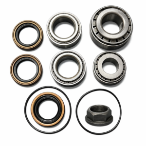 A set of assorted metal bearings, seals, O-rings, and a hexagonal nut arranged neatly on a white background.