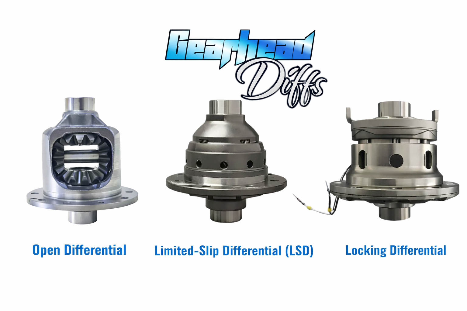 Three types of differentials are shown: Open Differential, Limited-Slip Differential (LSD), and Locking Differential, each with distinct internal designs. The Gearhead Diffs logo is displayed above them.