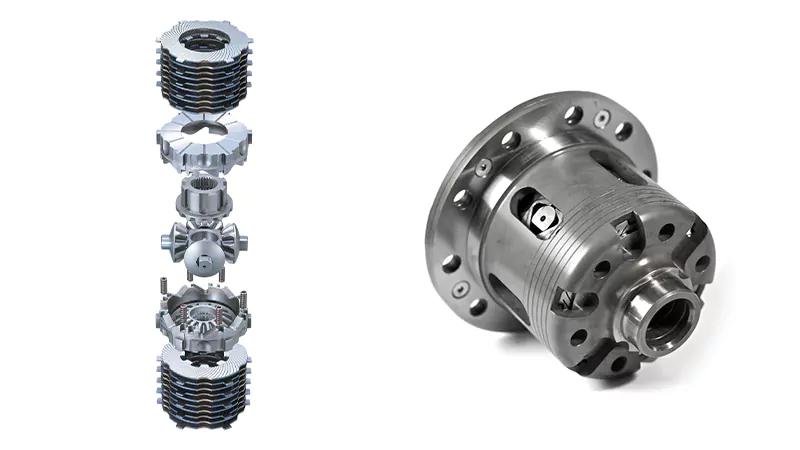 Exploded view of a metal mechanical part on the left showing its components, next to a fully assembled cylindrical metal component with multiple holes and intricate details, both on a white background.