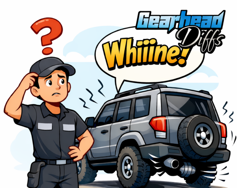 A puzzled mechanic stands next to an SUV making a loud "whiiine" noise from its differential, with a red question mark above his head and the text "Gearhead Diffs" in the corner.