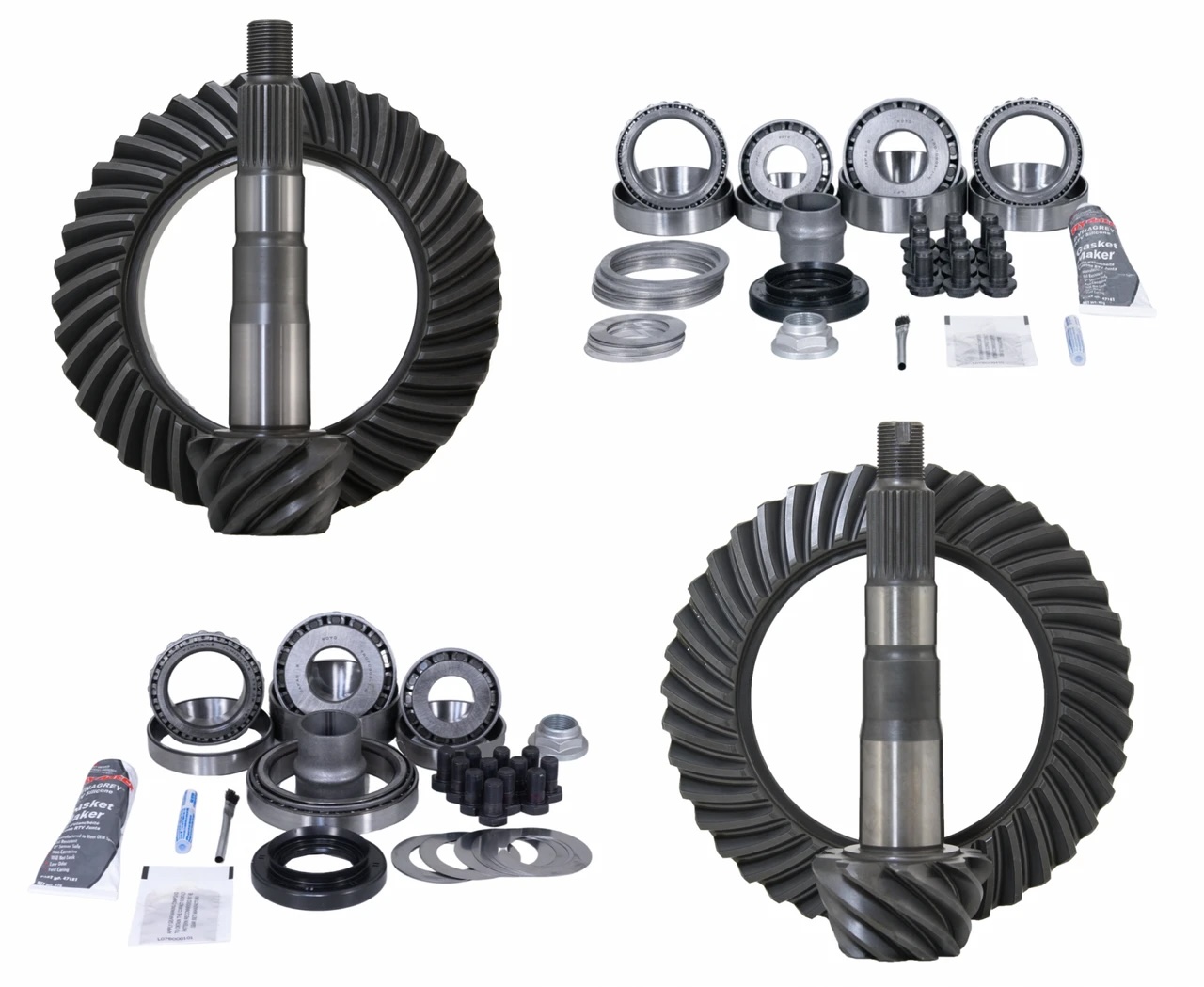 Three sets of automotive differential crown wheel and pinion gears with matching fitting kits, including bearings, seals, shims, bolts, and lubricant, displayed on a white background.