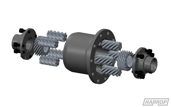An exploded view of a mechanical differential showing gears, shafts, and housing components spaced apart in alignment. The HARROP logo appears in the bottom right-hand corner.