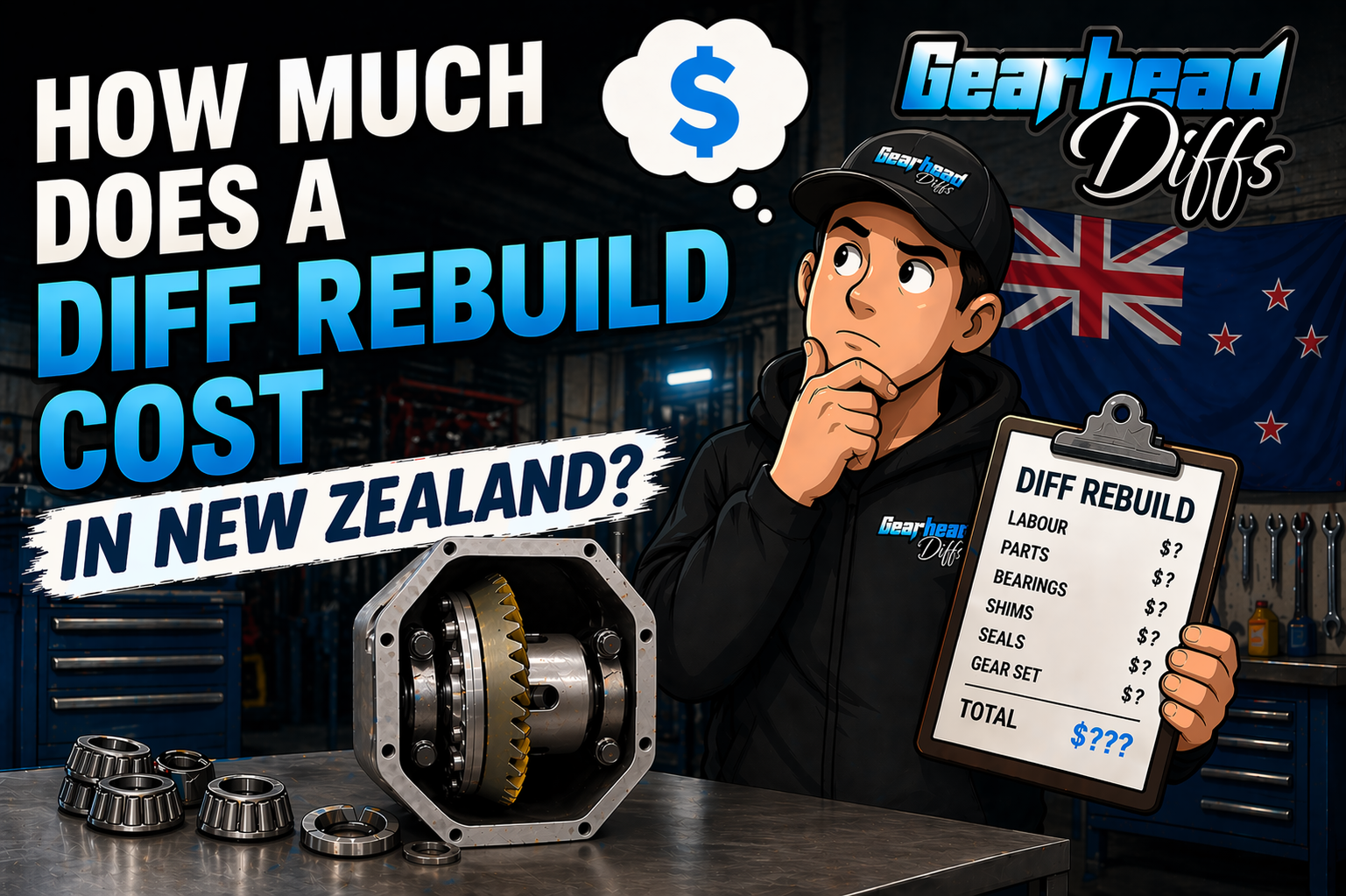 A cartoon mechanic stands by a gearbox, holding a clipboard showing diff rebuild costs, with the New Zealand flag in the background. Bold text asks, “How much does a diff rebuild cost in New Zealand?”.