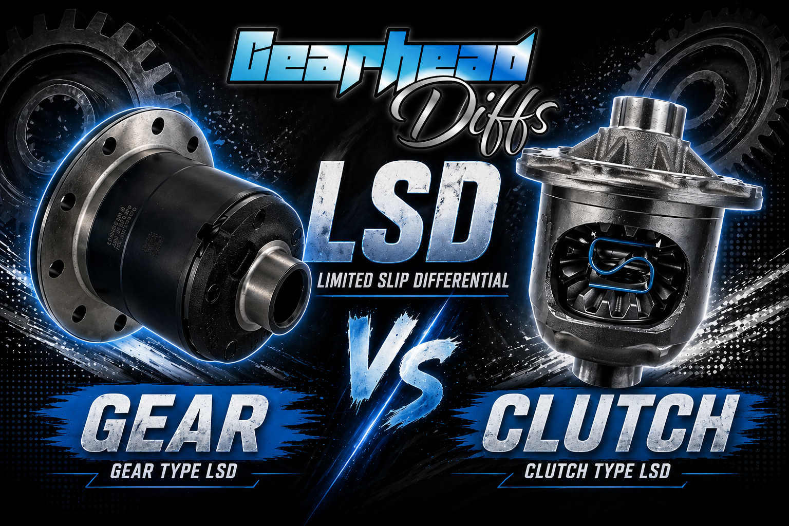 A comparison graphic of two types of limited slip differentials: a gear type LSD on the left labelled "GEAR" and a clutch type LSD on the right labelled "CLUTCH," with bold text reading "LSD vs" in the centre.