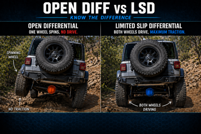 Side-by-side comparison of a Jeep with an open differential (left, one rear wheel spins, no traction) and a limited slip differential (right, both rear wheels driving, maximum traction) on a rocky track. Text and arrows annotate each scenario.