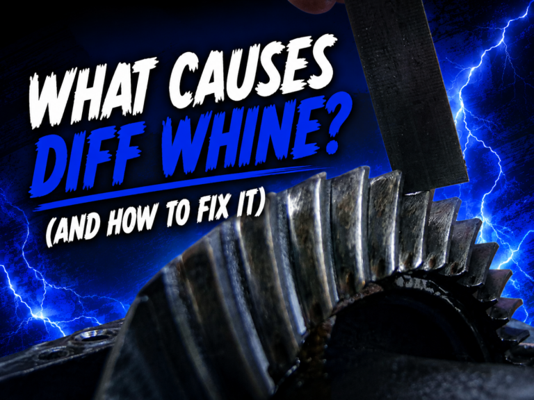 A close-up of a metal gear with bold text reading “What causes Diff Whine? (And how to fix it)” against a blue background with lightning graphics.