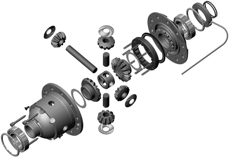 Exploded view diagram of a mechanical differential, showing individual gears, bearings, shafts, and other internal components separated and aligned to illustrate assembly order.