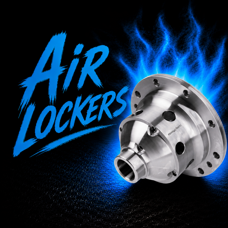 A shiny metal differential with multiple holes is displayed on a black background with blue lighting effects. The words "Air Lockers" appear in bold, electric blue lettering to the left of the part.