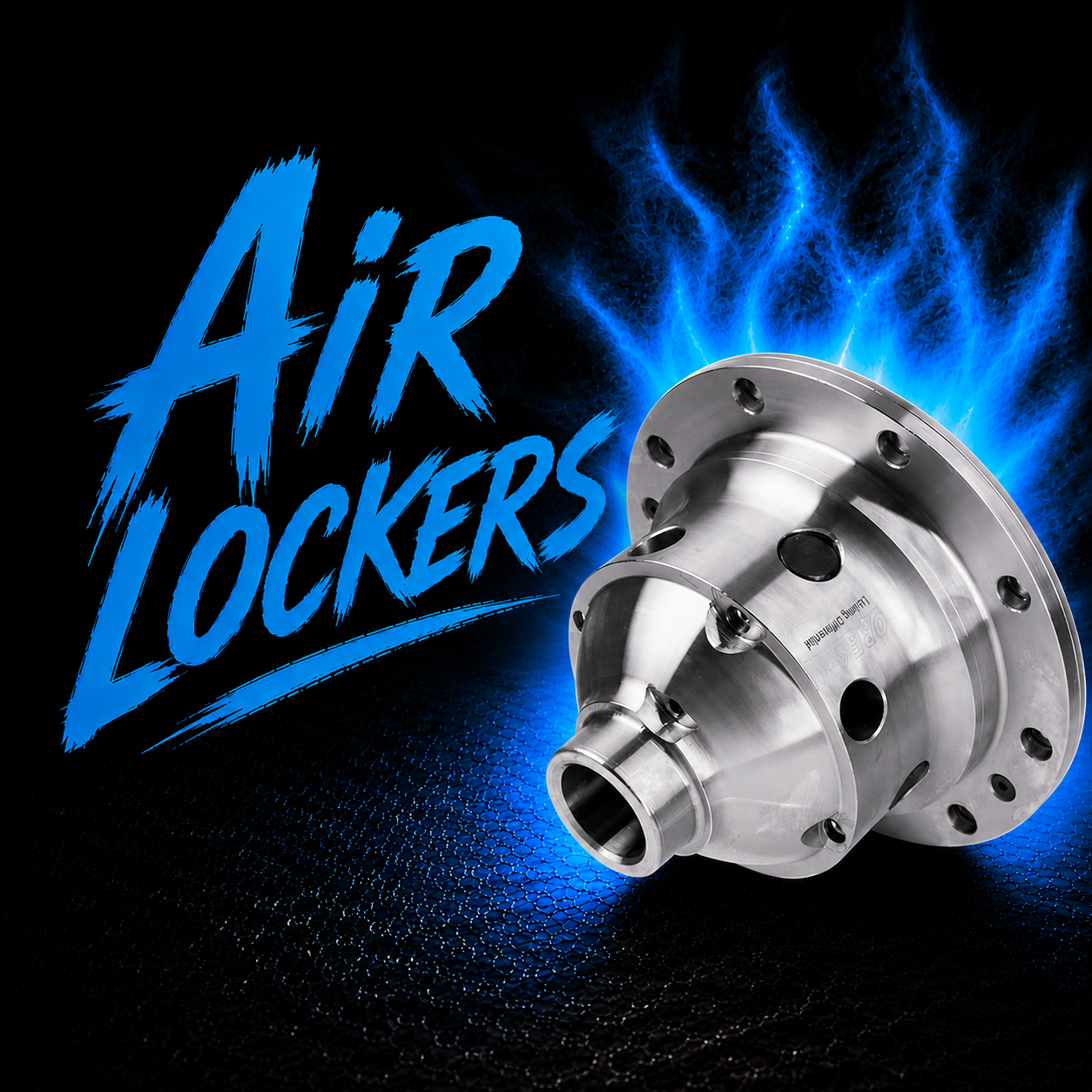 A shiny metal differential with multiple holes is displayed on a black background with blue lighting effects. The words "Air Lockers" appear in bold, electric blue lettering to the left of the part.