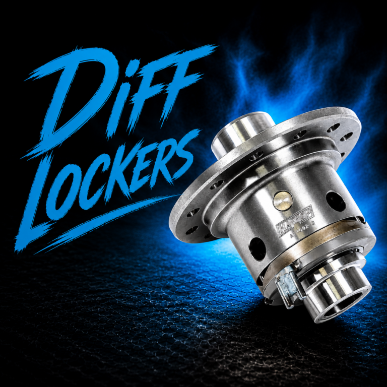 A shiny differential locker is displayed on a dark textured background with blue flames behind it. Bold blue text on the left reads "Diff Lockers.