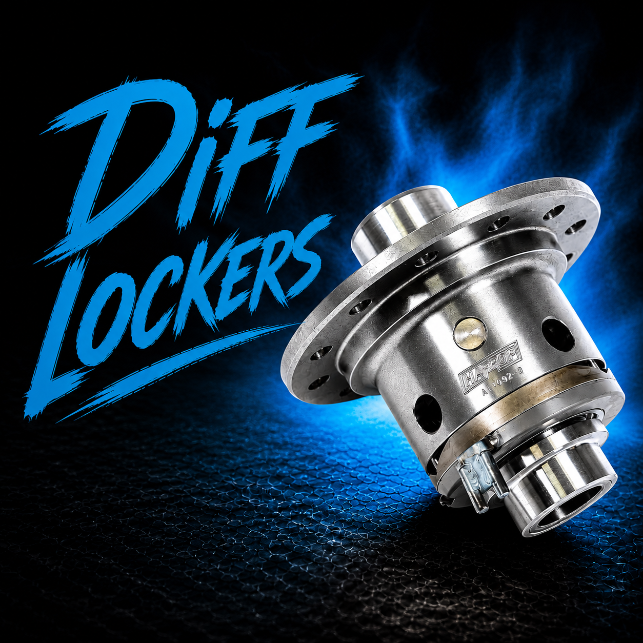 A shiny differential locker is displayed on a dark textured background with blue flames behind it. Bold blue text on the left reads "Diff Lockers.