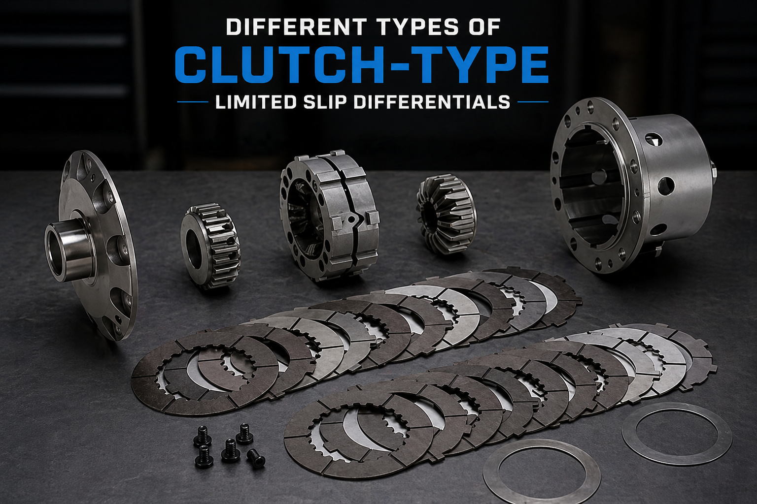 Various metal components and clutch plates of limited slip differentials are arranged on a dark surface, with the text “Different Types of Clutch-Type Limited Slip Differentials” displayed above.