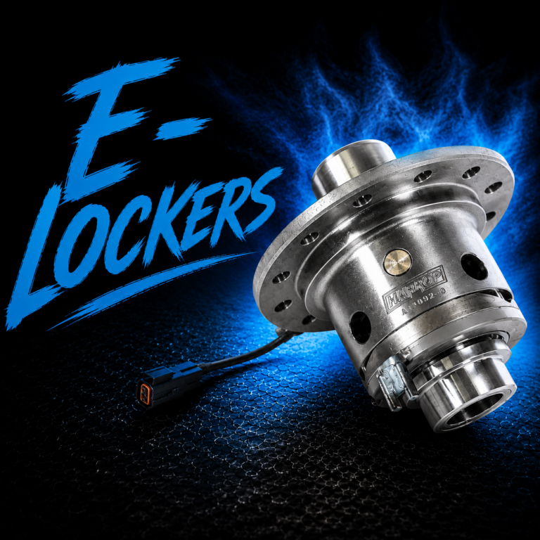 A metallic E-locker differential with a connected cable is showcased on a dark textured surface, illuminated by blue lighting, with bold blue text reading “E-Lockers” on the left side.