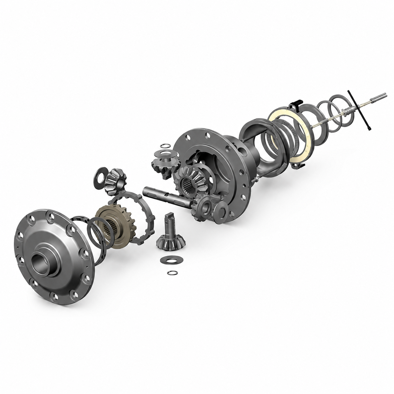 Exploded view of a mechanical differential assembly, showing various metal gears, rings, shafts, and washers arranged in sequence on a white background.