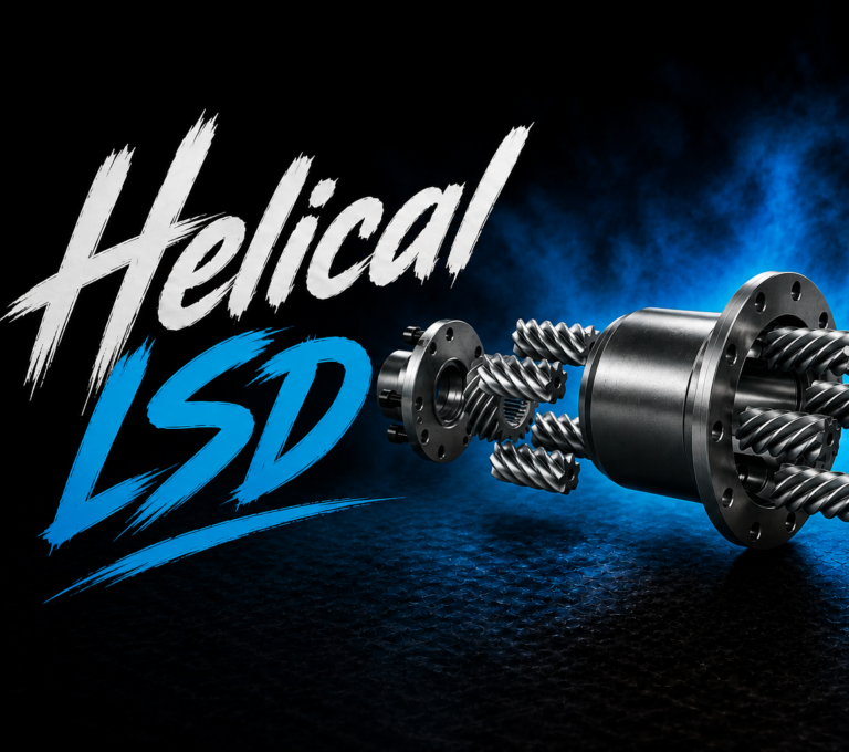 A metallic helical limited slip differential (LSD) with gears is displayed against a dark, textured background with blue smoke. Bold white and blue text reads “Helical LSD” on the left side.
