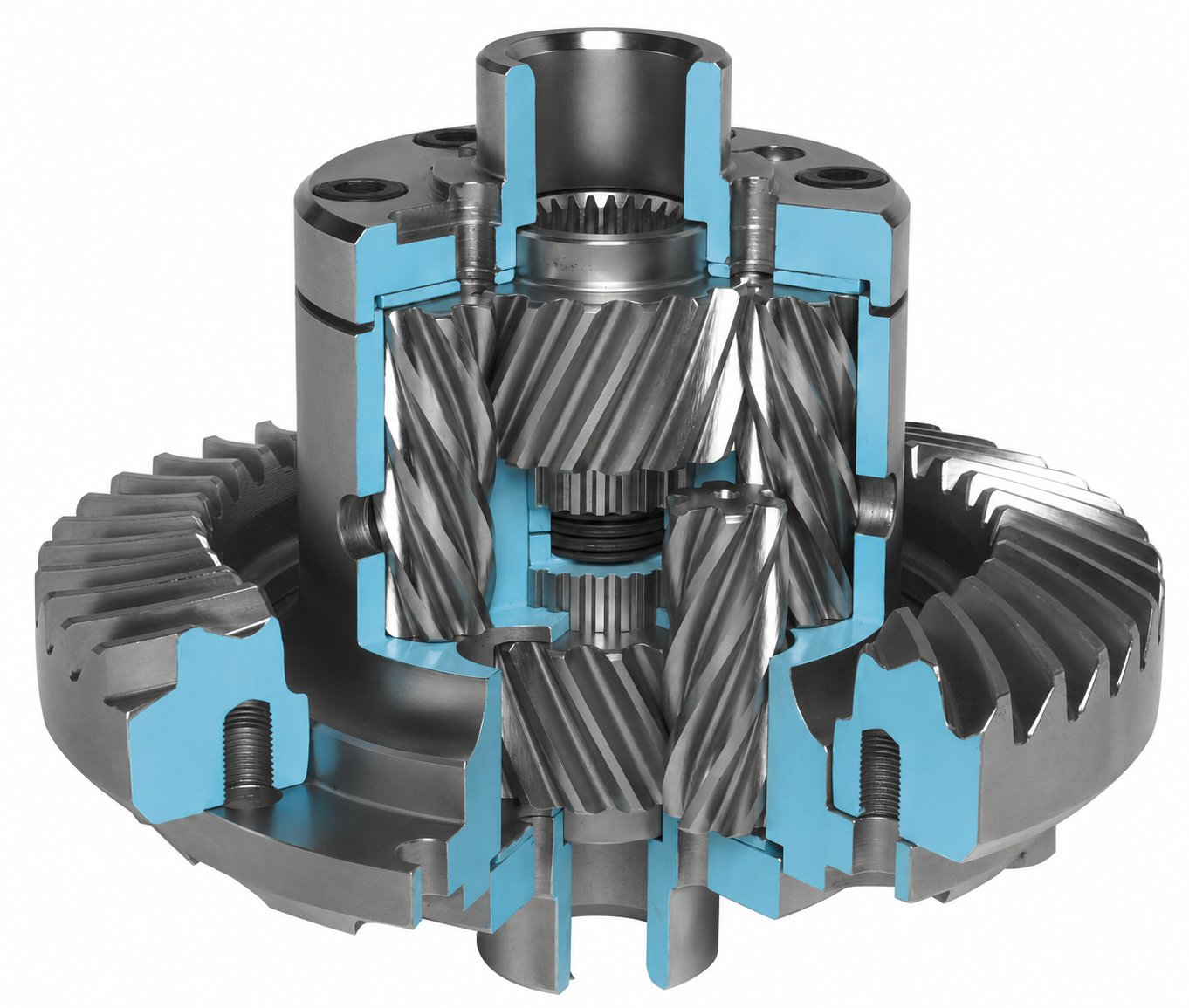 A cross-section of a metal differential gear assembly, showing interlocking helical gears and internal components, with some areas highlighted in blue to reveal the inner structure.
