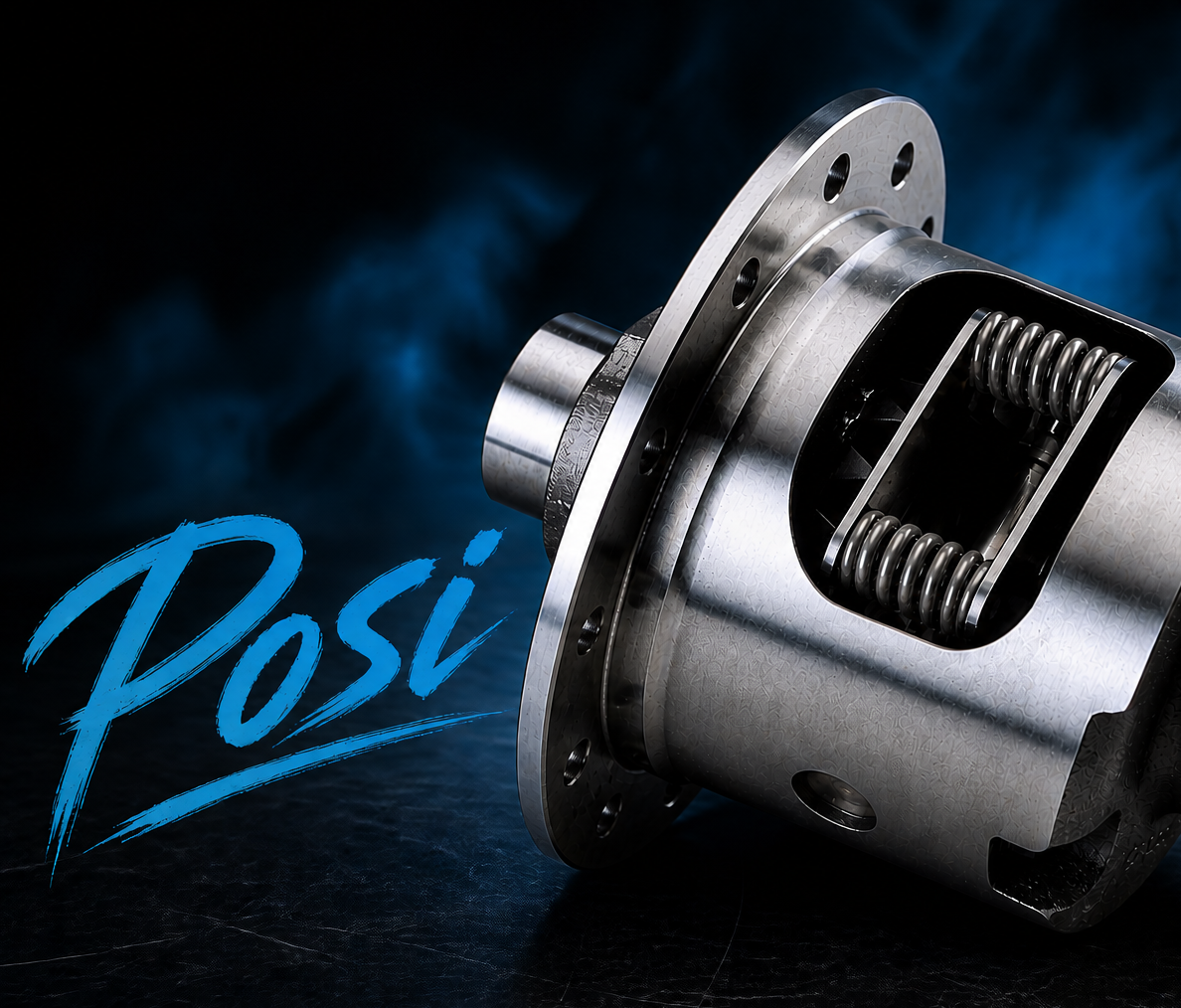 A polished metal automotive differential part sits on a dark surface with blue smoke in the background and the word "Posi" written in bold blue script on the left side.