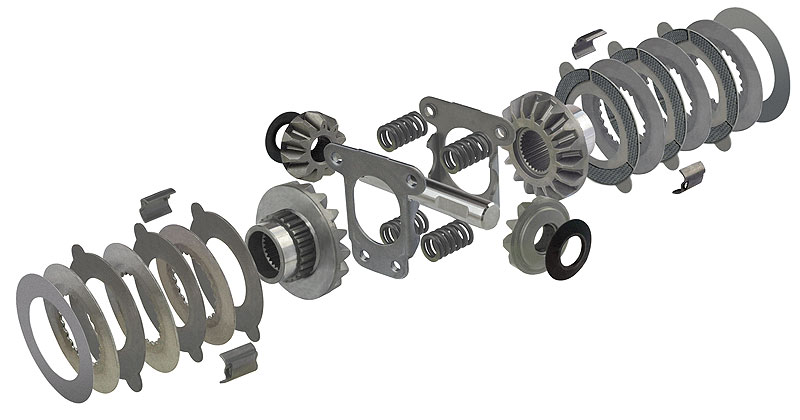 Exploded view of a mechanical assembly showing multiple metal gears, springs, washers, plates, and rings aligned in sequence on a white background.