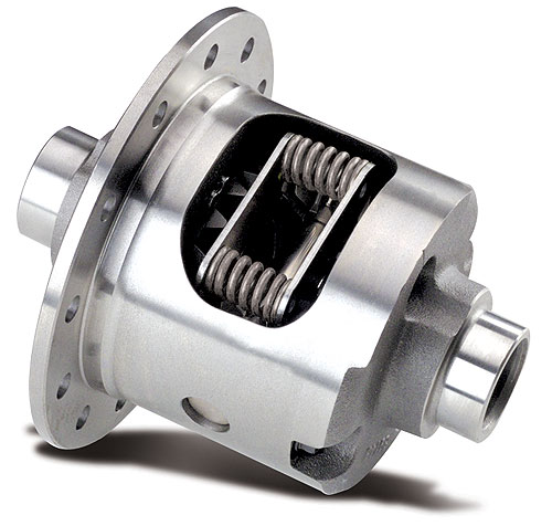 A close-up view of a metal automotive differential, showing gears and springs inside a cylindrical housing with multiple openings and flanges.