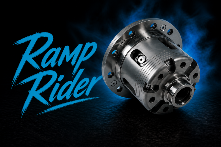 A polished metal mechanical part, possibly an automotive differential, is set against a dark background with blue smoke. The bold text "Ramp Rider" in blue is displayed on the left side of the image.