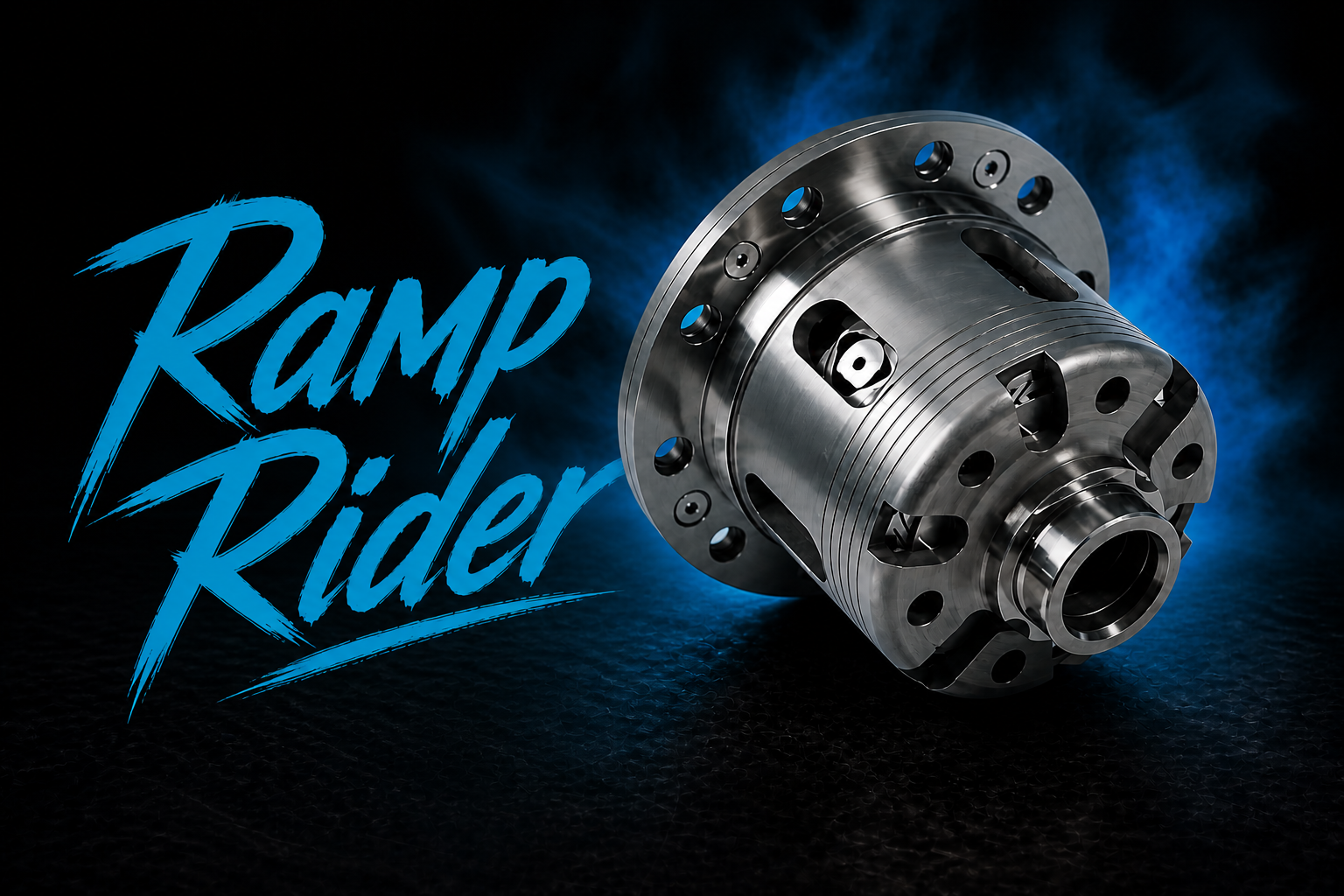 A polished metal mechanical part, possibly an automotive differential, is set against a dark background with blue smoke. The bold text "Ramp Rider" in blue is displayed on the left side of the image.