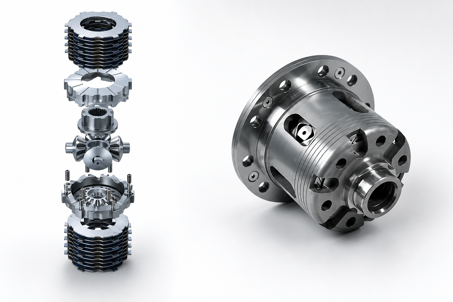 A metallic mechanical differential is shown fully assembled on the right and in a detailed exploded view on the left, displaying all internal components and gears in alignment, against a white background.