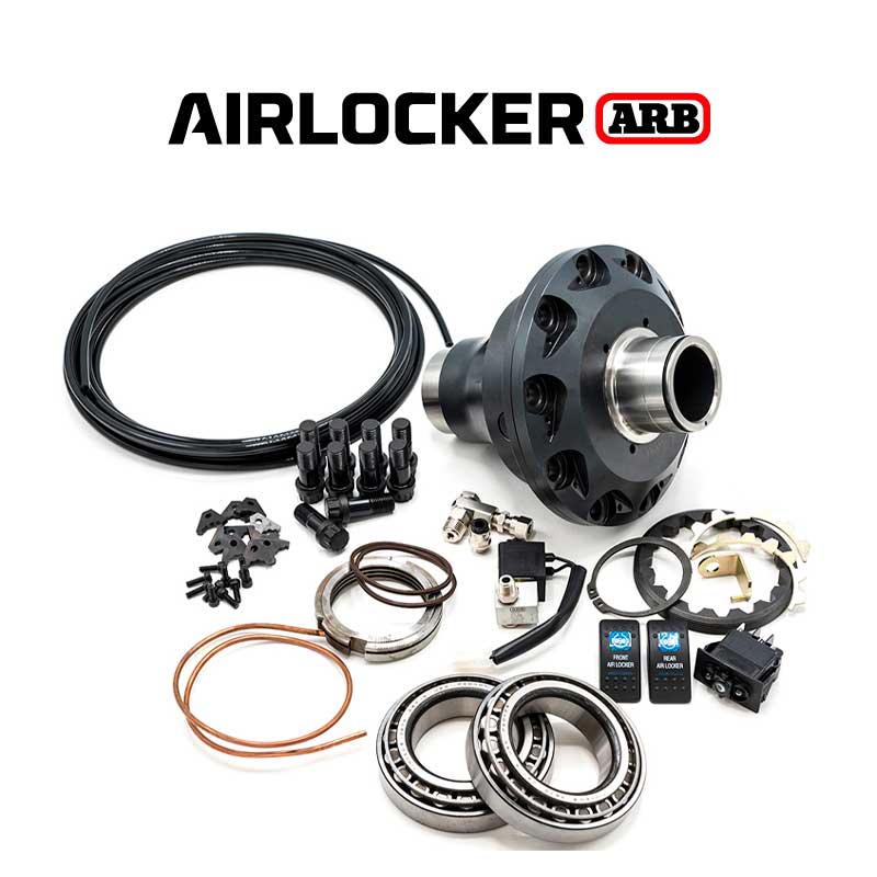A collection of ARB Air Locker differential parts, including bearings, seals, wiring, switches, and hardware, arranged on a white background with the "Air Locker ARB" logo above.