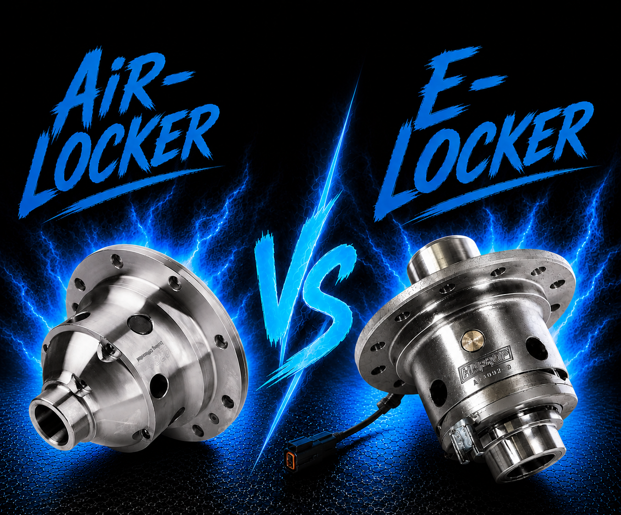 Two differential lockers, labelled "Air-Locker" and "E-Locker," are shown side by side with electric blue lightning effects and a "VS" in between them on a black background.