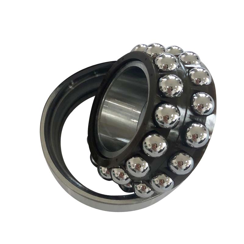 A close-up of a double-row ball bearing, showing shiny metal balls arranged in two circular rows inside a metal ring.