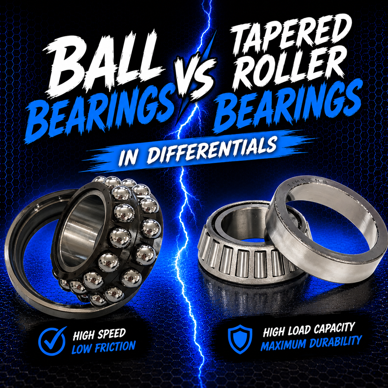 Two types of bearings are shown: ball bearings on the left and tapered roller bearings on the right. Text compares their use in differentials, highlighting ball bearings for high speed and low friction, and roller bearings for high load capacity and durability.