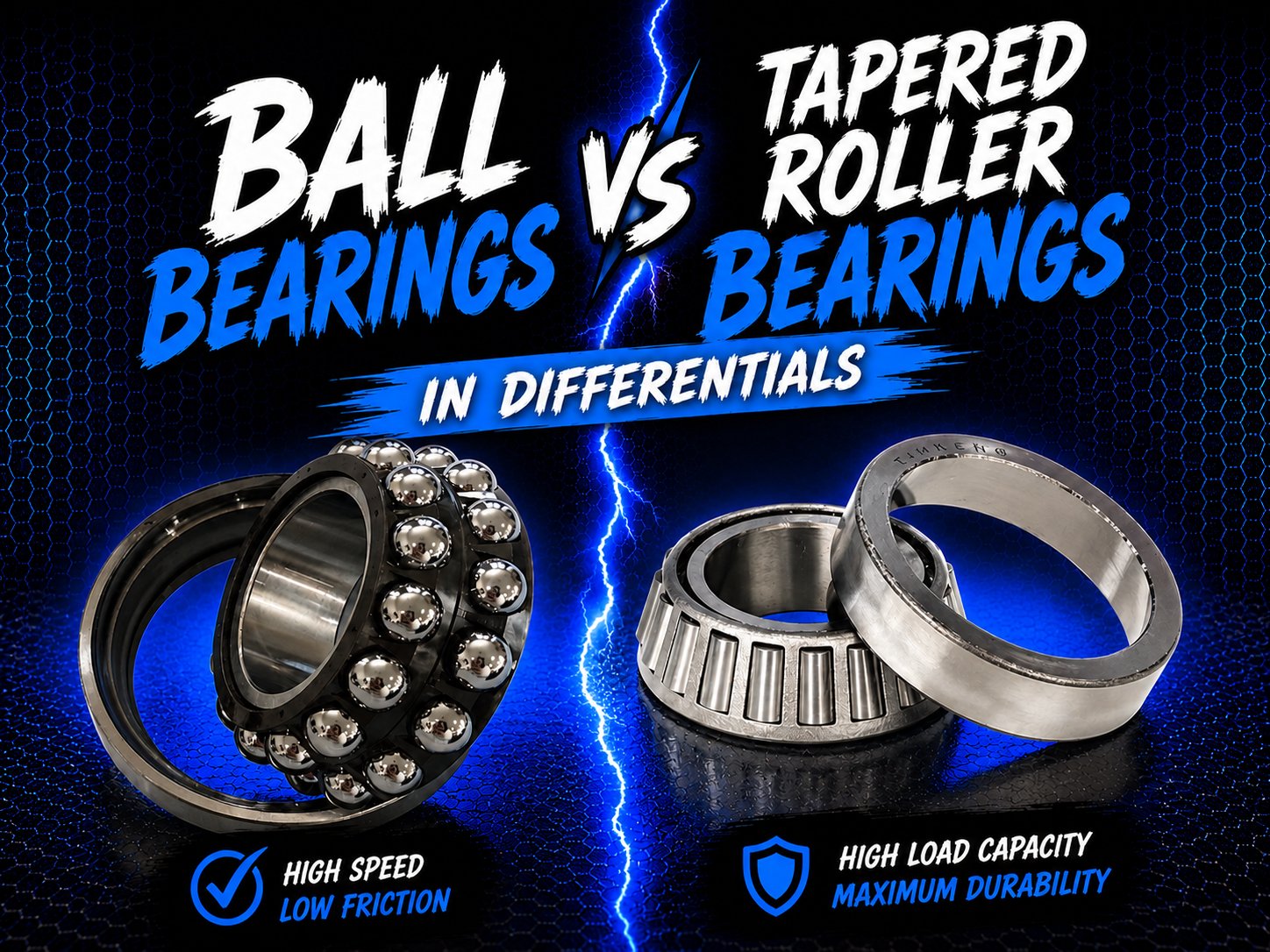 A comparison image titled "Ball Bearings vs Tapered Roller Bearings in Differentials" shows a ball bearing on the left and a tapered roller bearing on the right, highlighting their uses: ball bearings for speed, tapered rollers for load capacity.