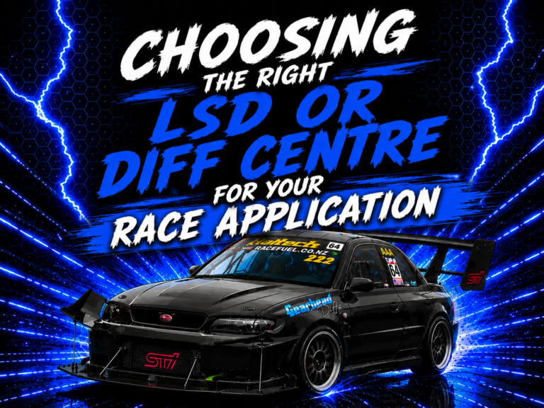 A modified black race car is set against a dynamic blue and black background with lightning effects. Bold text reads: "Choosing the Right LSD or Diff Centre for your race application.