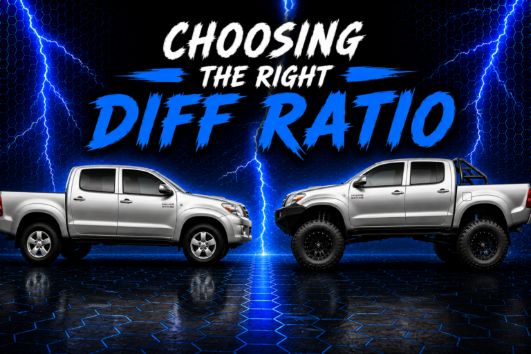 Two silver pick-up trucks face each other on a reflective hexagonal floor—one standard, one lifted with large tyres. Bold text above them announces, "Choosing the Right Diff Ratio" with a blue lightning background, emphasising the importance of selecting the correct diff ratio.