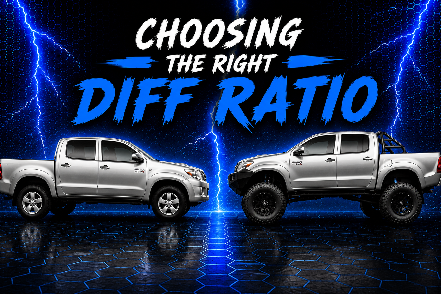Two silver pick-up trucks face each other on a reflective hexagonal floor—one standard, one lifted with large tyres. Bold text above them announces, "Choosing the Right Diff Ratio" with a blue lightning background, emphasising the importance of selecting the correct diff ratio.