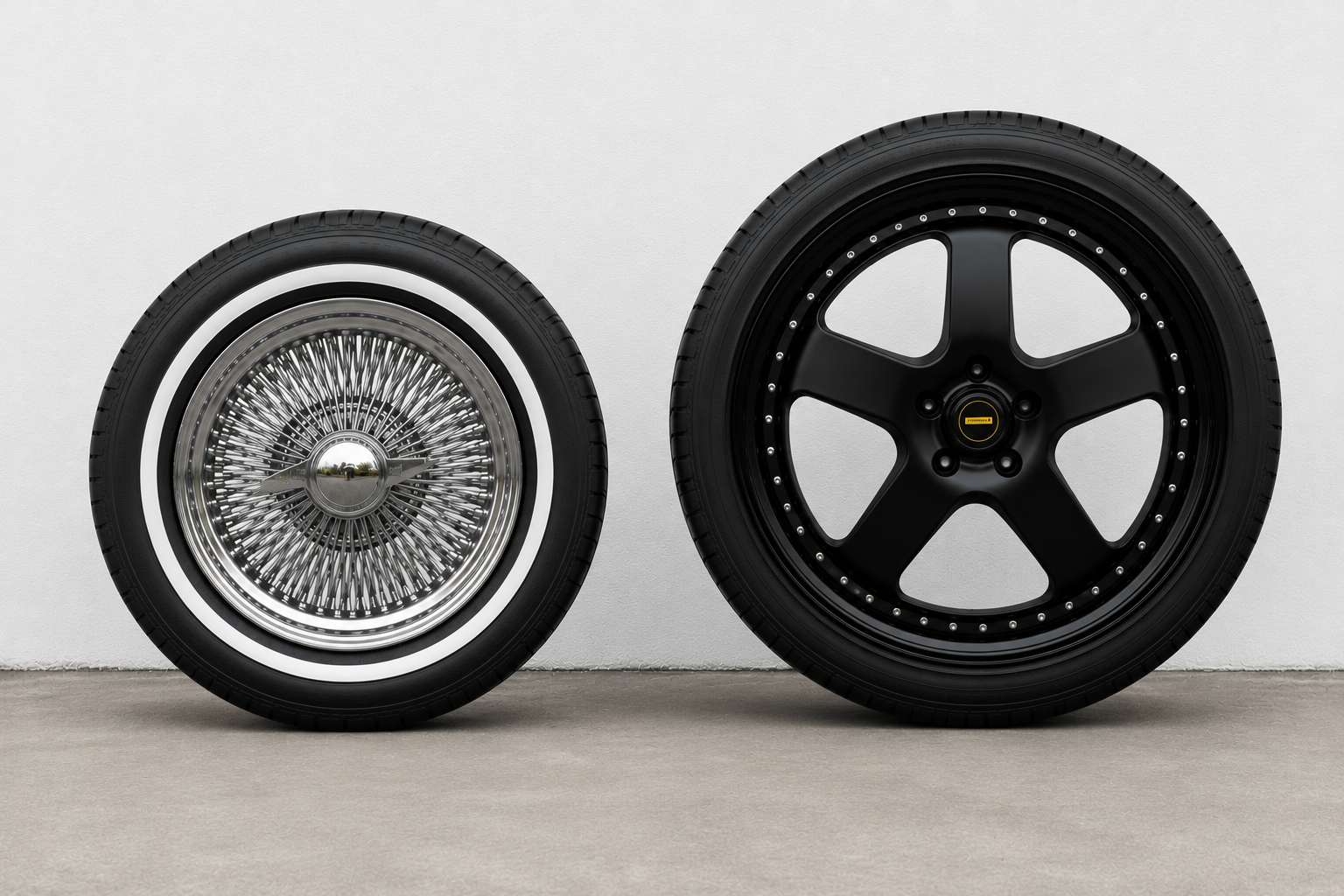 A wire-spoked wheel with a chrome hubcap sits next to a larger modern black alloy wheel with five spokes, both upright against a plain light wall on concrete—highlighting how diff ratio changes have shaped wheel design over time.