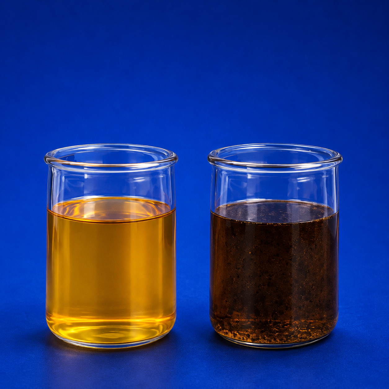 Two clear glass jars on a blue background; the jar on the left contains a transparent yellow liquid, whilst the jar on the right contains a darker brown liquid with visible particles.