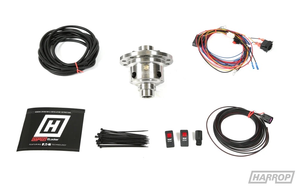 Automotive differential locker kit including a metal differential unit, wiring looms, switches, cable ties, and instruction manual, all arranged on a white background with the Harrop logo.