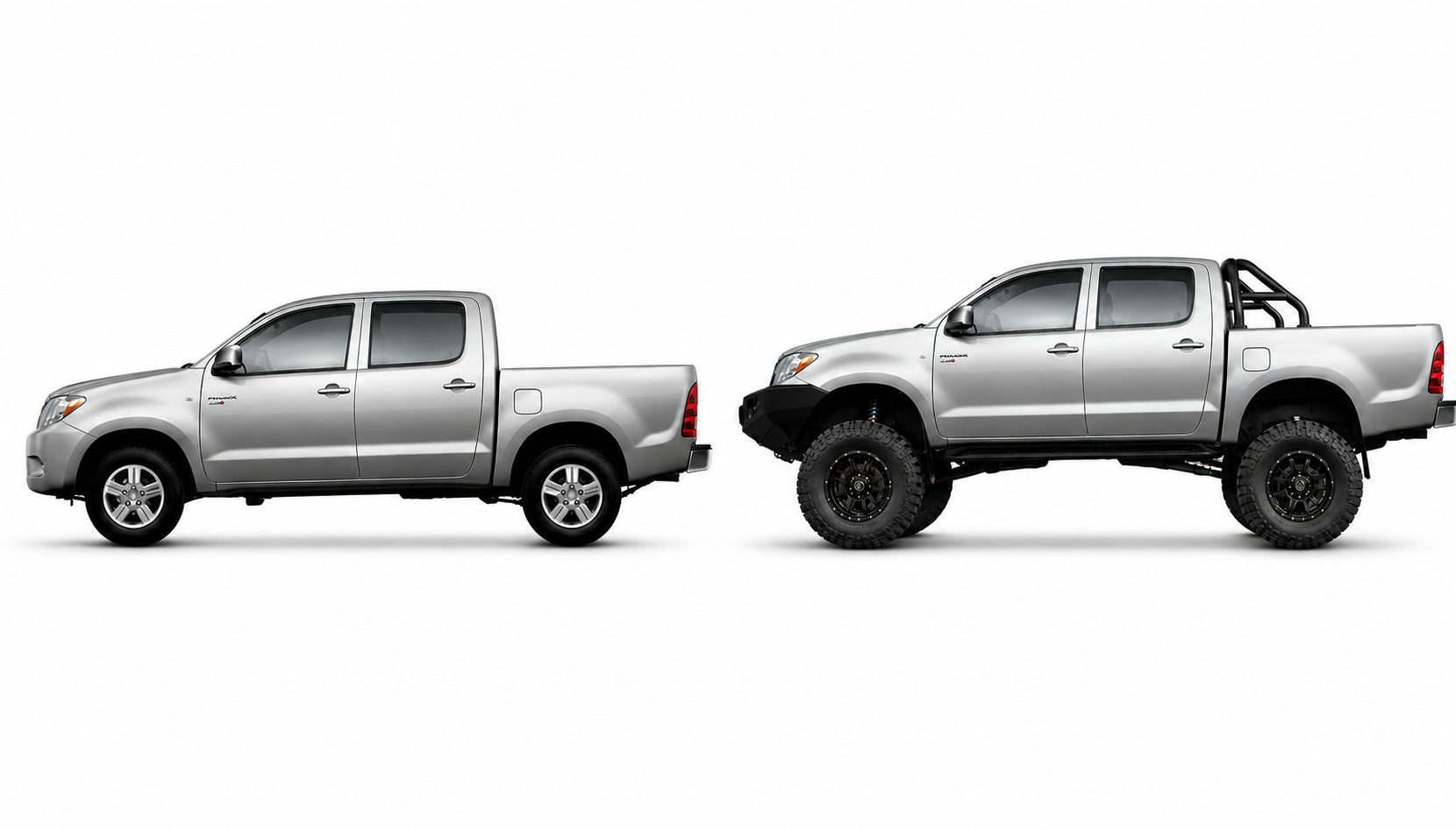 Two silver pick-up trucks sit side by side; the left has a standard height, while the right features larger tyres, off-road mods, a roll bar, and an upgraded diff ratio. Both are shown in profile on a white background.
