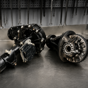 Two N70 Front and Rear 4.56 Ratio Rebuilt Diffs rest on a stainless steel workbench—one reveals its inner gears. A perforated board with assorted tools is visible in the background of the workshop.