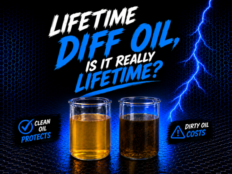 Two glass beakers on a dark background: one with clean amber oil, the other with dirty, dark "Lifetime Diff Oil." Bold text asks, "Lifetime diff oil— is it really lifetime?" Icons highlight clean oil protection and the costs of neglect.