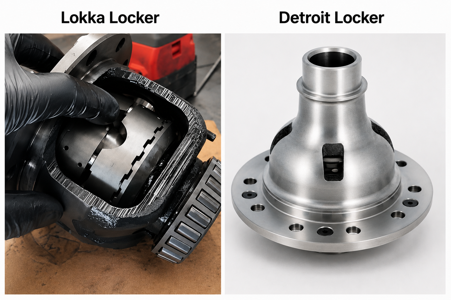 Side-by-side comparison of a Lokka Locker being installed by a gloved hand (left) and a finished Detroit Locker differential (right), both metal automotive parts on neutral backgrounds.